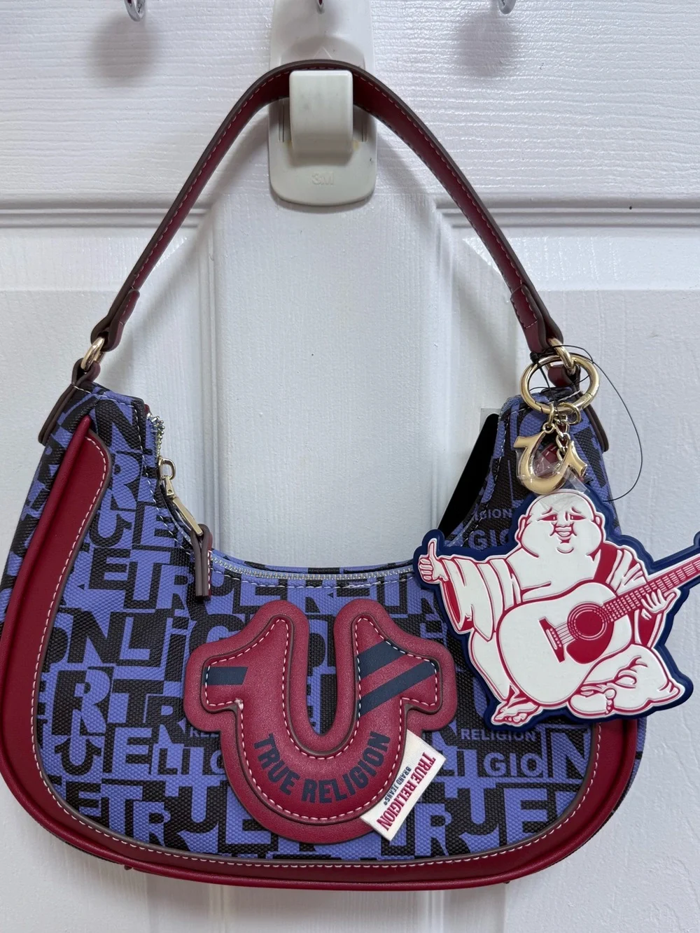 True Religion Graphic Horseshoe Hobo Bag in Blue and Red w/Buddha Charm